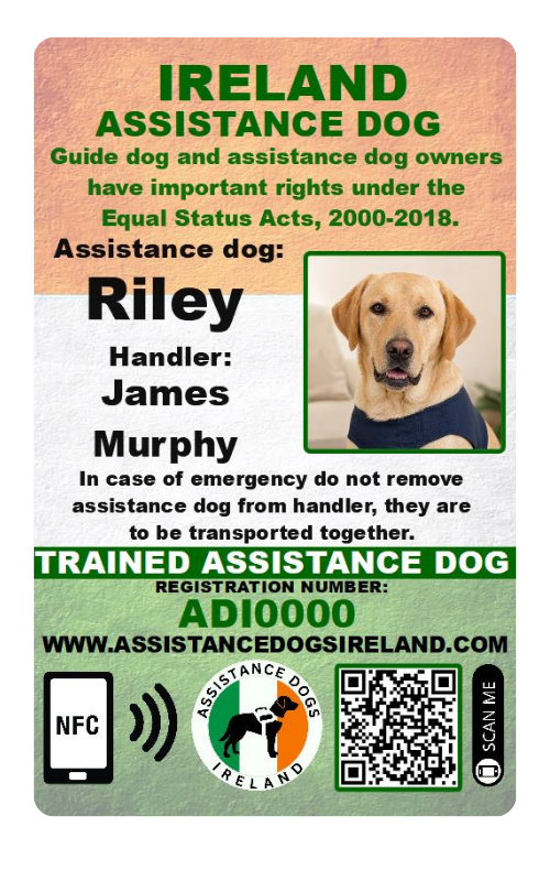 Assistance Dog ID card with photo, NFC tap chip, and QR code